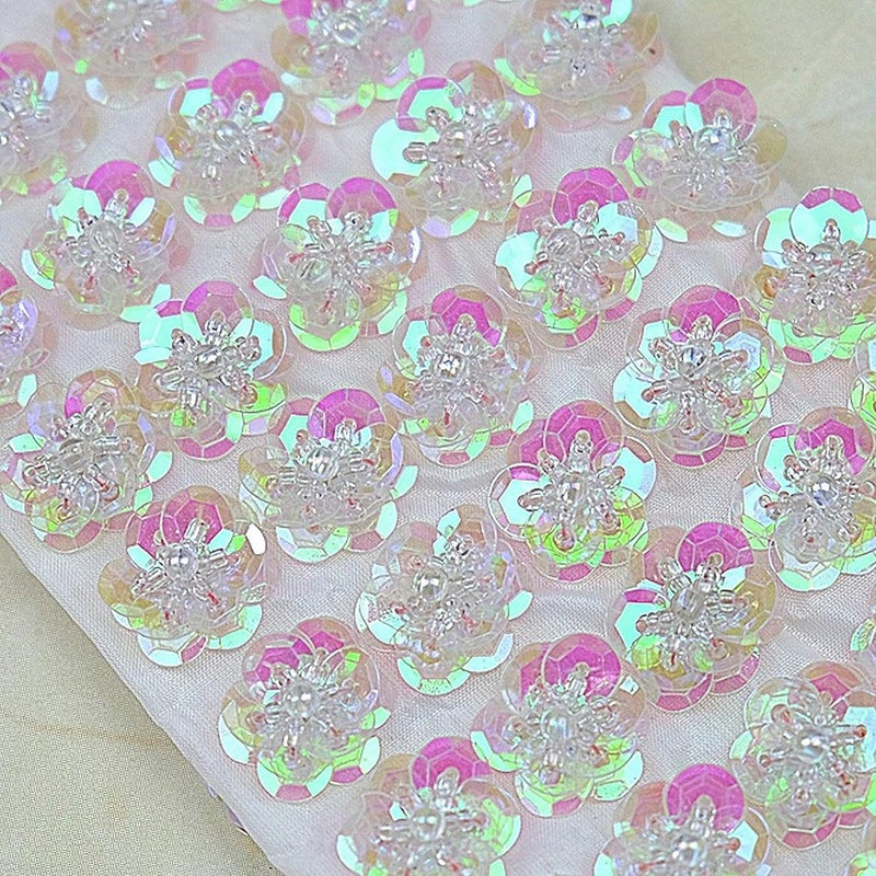 TATEELY 0.78"/2cm 3D Sequin Bead Flowers Patches Handmade Embroidery Sewing Beads Applique for Hair Clip Bags Brooch Wedding Dress Shoes Garment DIY Craft 50 Pcs/Set (Transparent) - Image 1